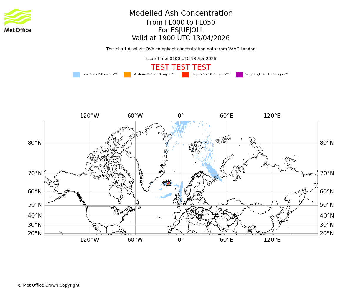 Modelled ash concentration from 000 to 050 for ESJUFJOLL. Valid at 1900 UTC 13/04/2026