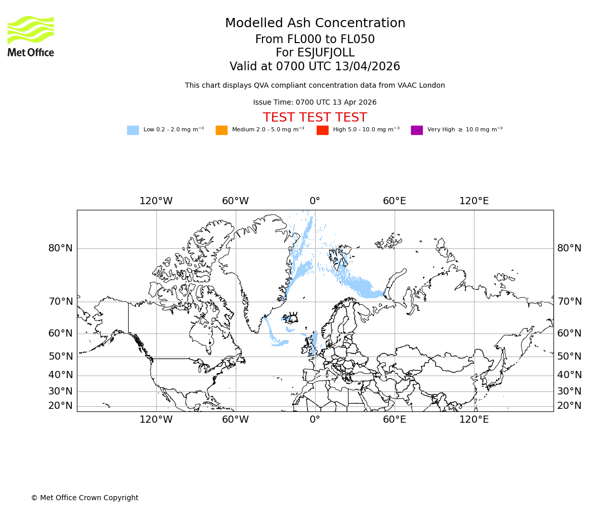 Modelled ash concentration from 000 to 050 for ESJUFJOLL. Valid at 0700 UTC 13/04/2026