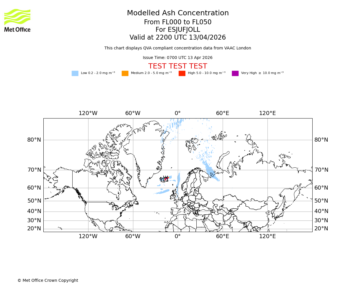 Modelled ash concentration from 000 to 050 for ESJUFJOLL. Valid at 2200 UTC 13/04/2026
