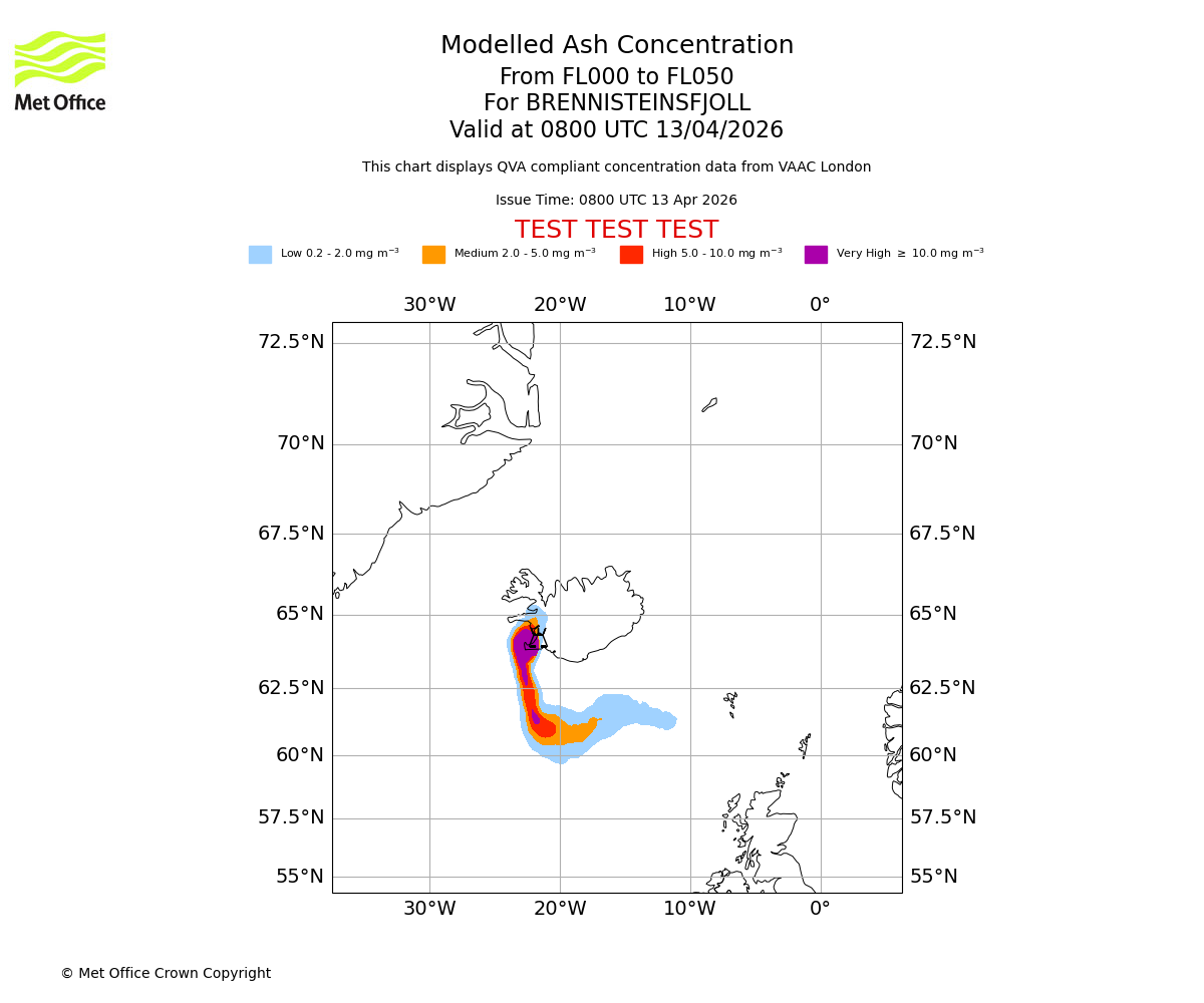 Modelled ash concentration from 000 to 050 for BRENNISTEINSFJOLL. Valid at 0800 UTC 13/04/2026