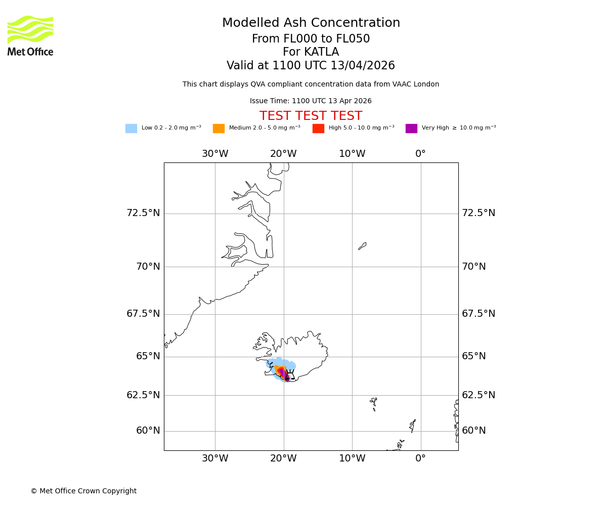 Modelled ash concentration from 000 to 050 for KATLA. Valid at 1100 UTC 13/04/2026