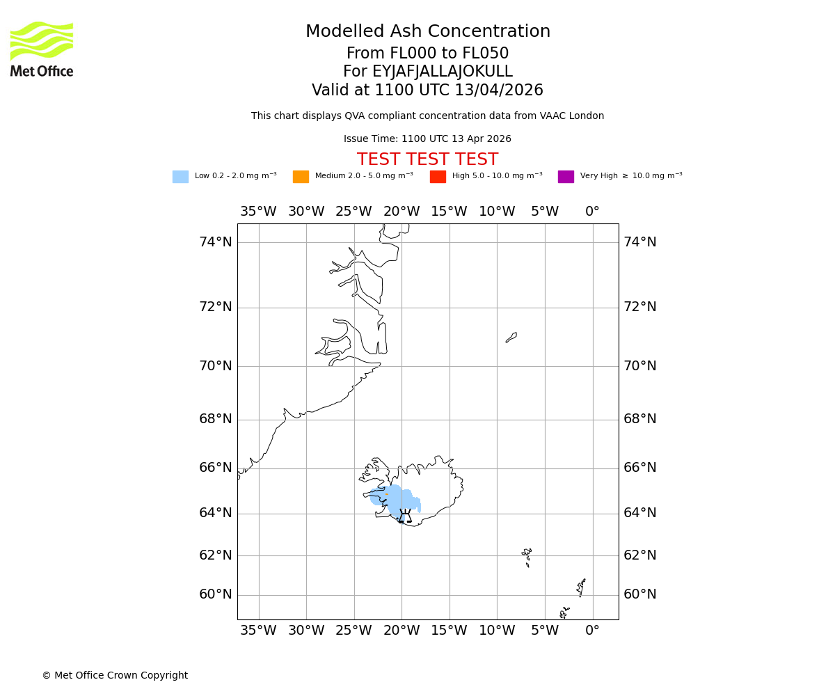 Modelled ash concentration from 000 to 050 for EYJAFJALLAJOKULL. Valid at 1100 UTC 13/04/2026