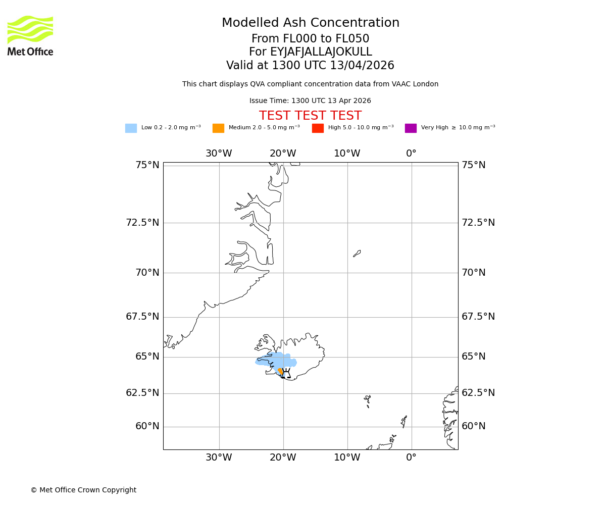 Modelled ash concentration from 000 to 050 for EYJAFJALLAJOKULL. Valid at 1300 UTC 13/04/2026
