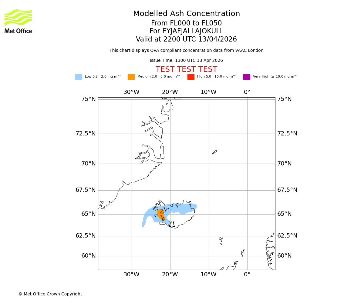 Modelled ash concentration from 000 to 050 for EYJAFJALLAJOKULL. Valid at 2200 UTC 13/04/2026