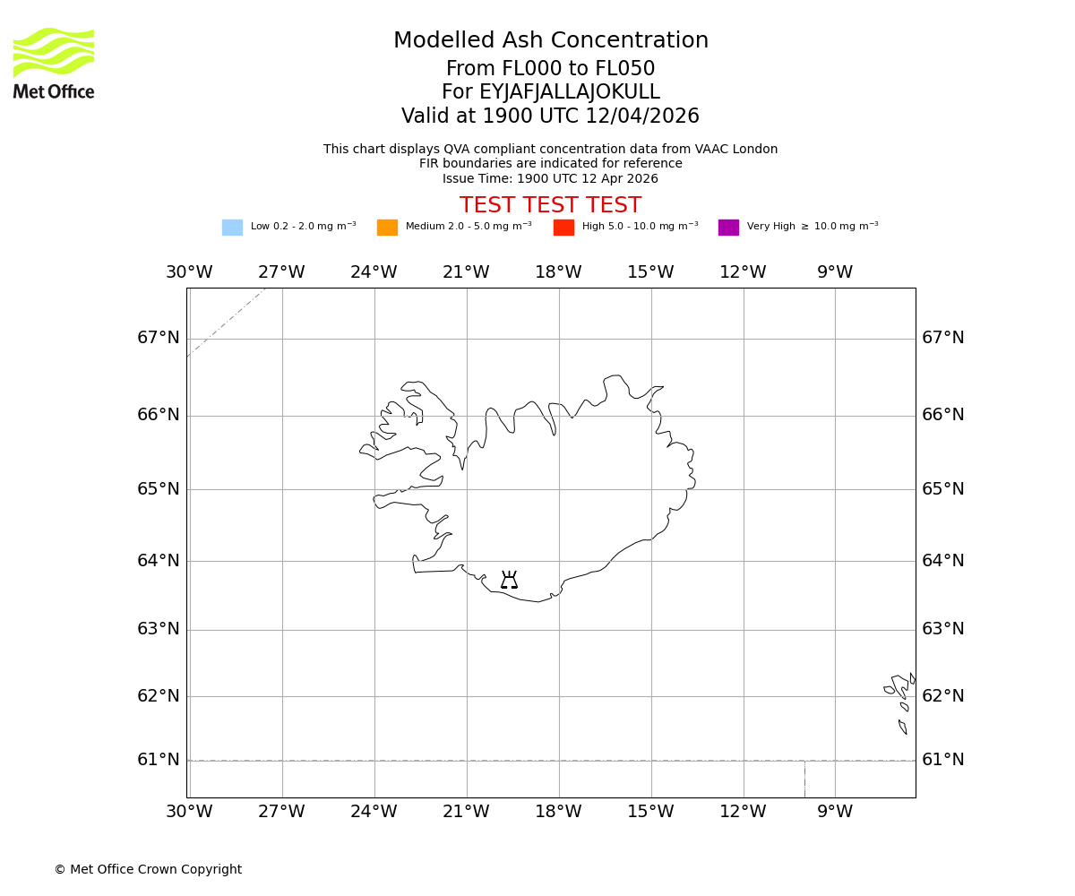Modelled ash concentration from 000 to 050 for EYJAFJALLAJOKULL. Valid at 1900 UTC 12/04/2026