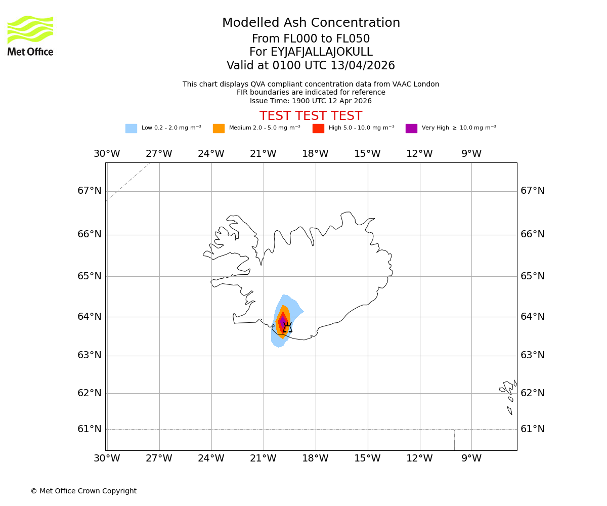 Modelled ash concentration from 000 to 050 for EYJAFJALLAJOKULL. Valid at 0100 UTC 13/04/2026