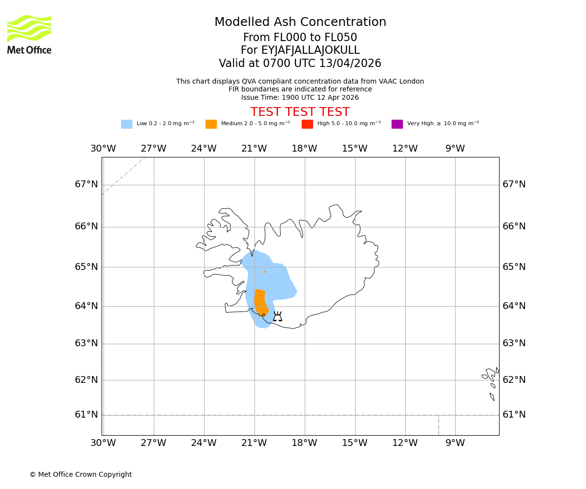 Modelled ash concentration from 000 to 050 for EYJAFJALLAJOKULL. Valid at 0700 UTC 13/04/2026