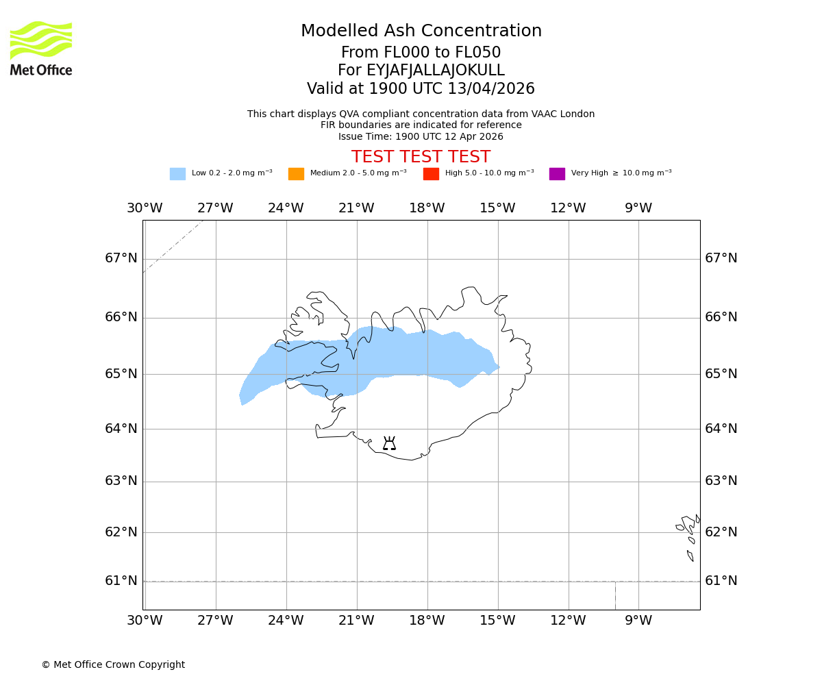 Modelled ash concentration from 000 to 050 for EYJAFJALLAJOKULL. Valid at 1900 UTC 13/04/2026