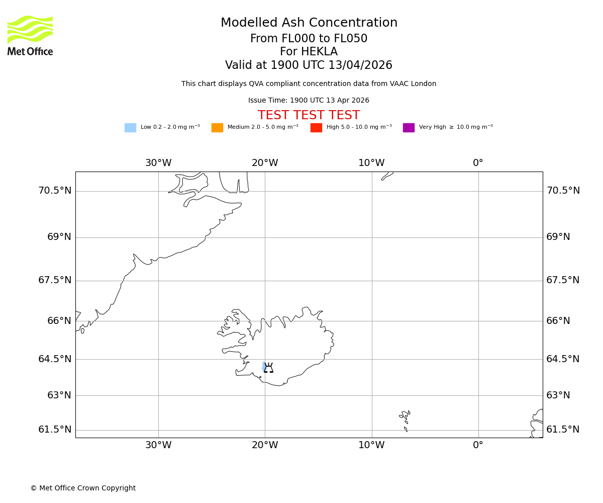 Modelled ash concentration from 000 to 050 for HEKLA. Valid at 1900 UTC 13/04/2026