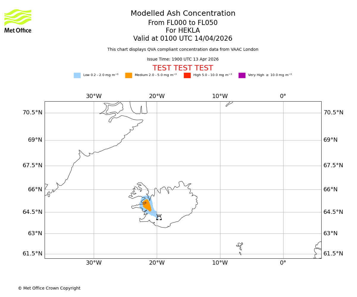 Modelled ash concentration from 000 to 050 for HEKLA. Valid at 0100 UTC 14/04/2026