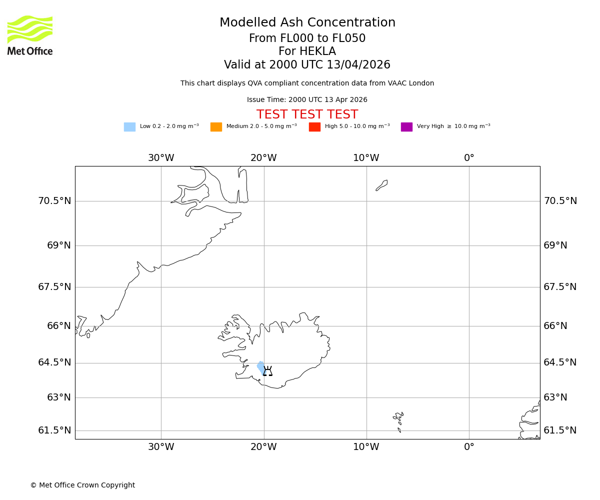 Modelled ash concentration from 000 to 050 for HEKLA. Valid at 2000 UTC 13/04/2026