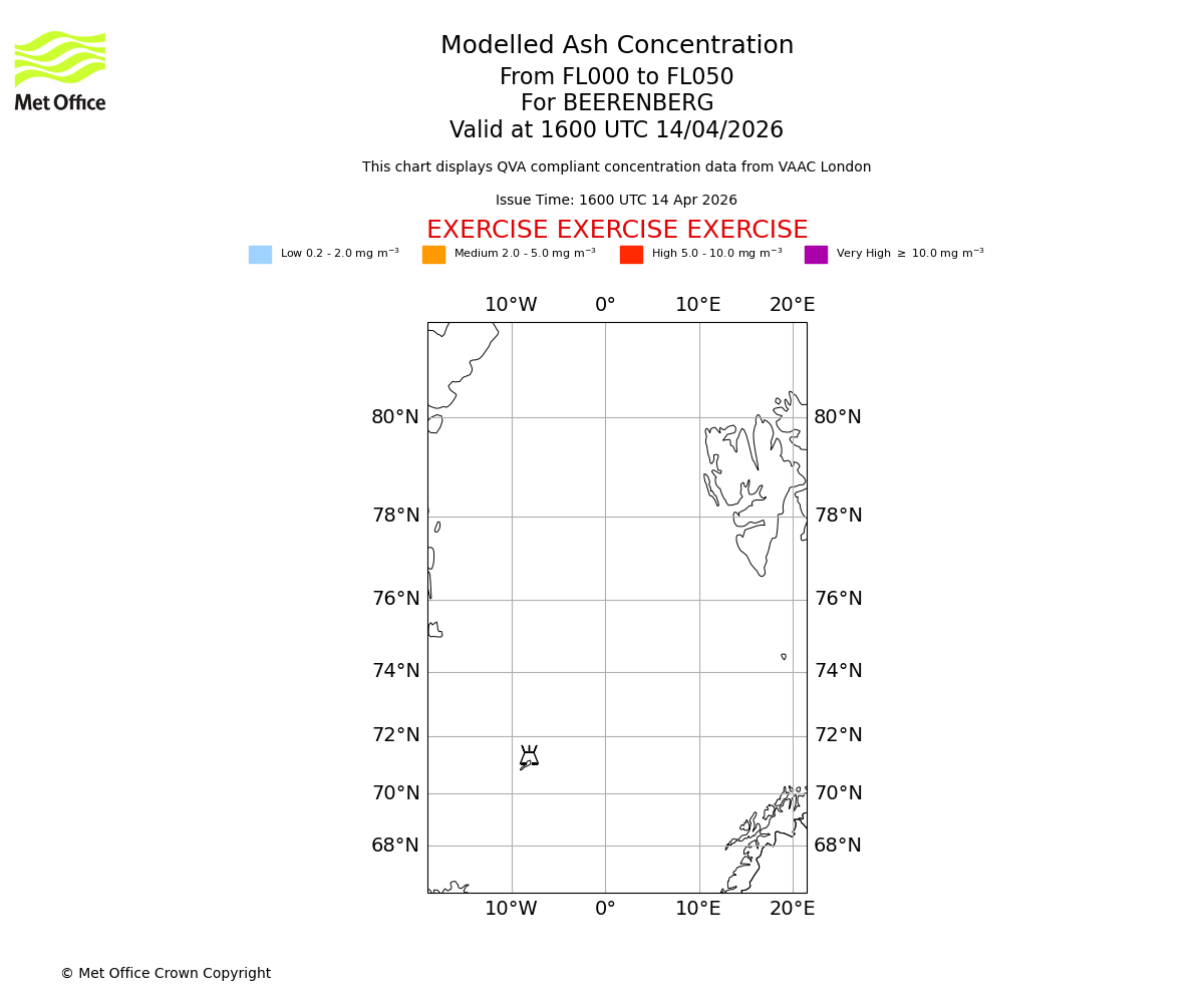 Modelled ash concentration from 000 to 050 for BEERENBERG. Valid at 1600 UTC 14/04/2026