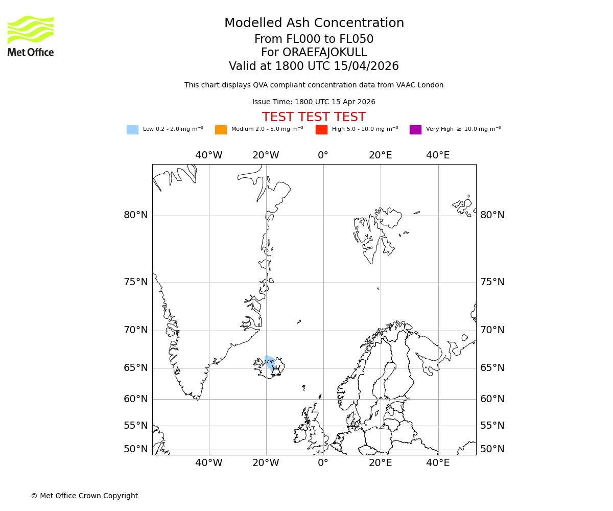 Modelled ash concentration from 000 to 050 for ORAEFAJOKULL. Valid at 1800 UTC 15/04/2026