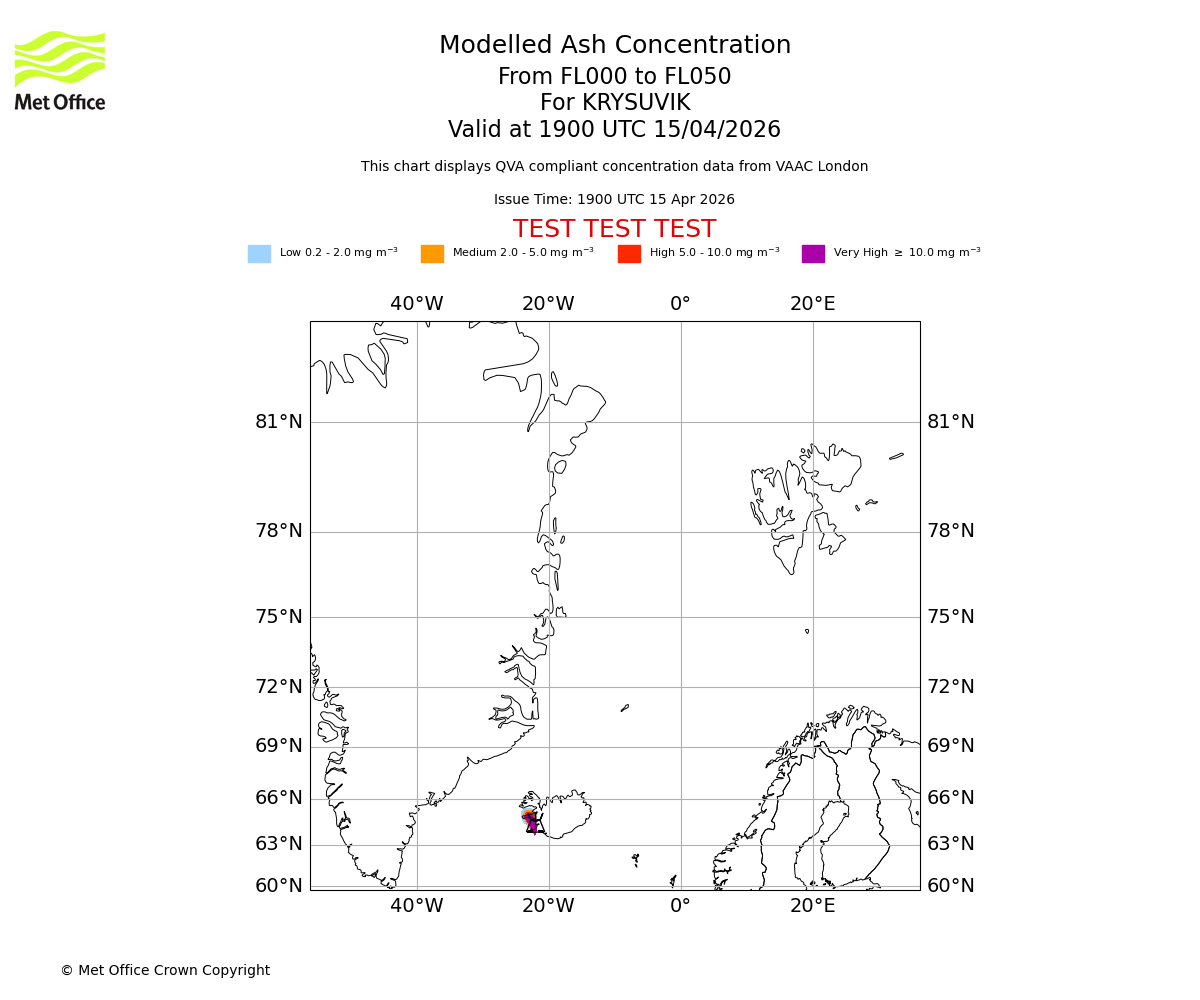 Modelled ash concentration from 000 to 050 for KRYSUVIK. Valid at 1900 UTC 15/04/2026