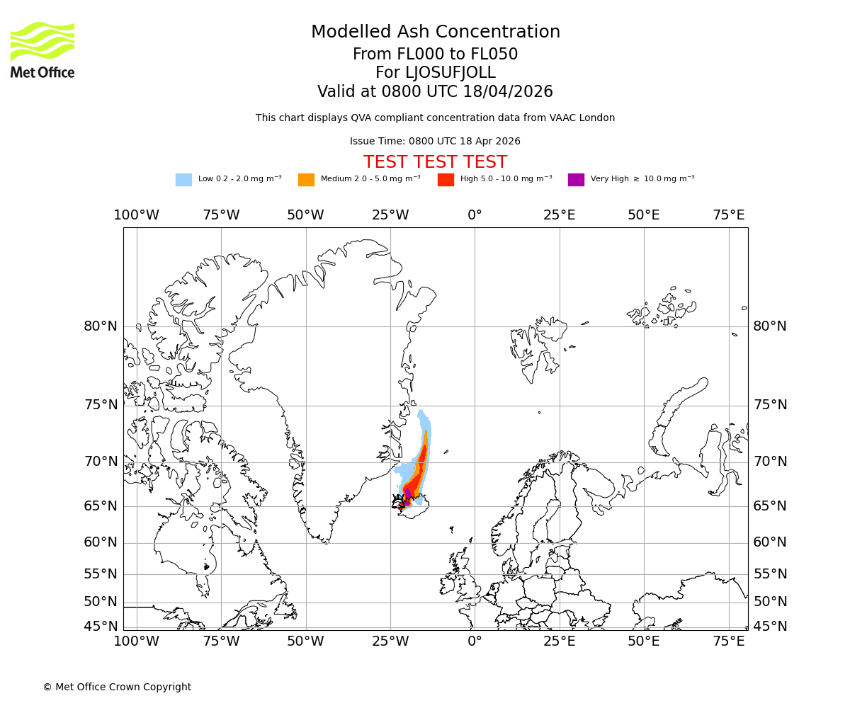 Modelled ash concentration from 000 to 050 for LJOSUFJOLL. Valid at 0800 UTC 18/04/2026