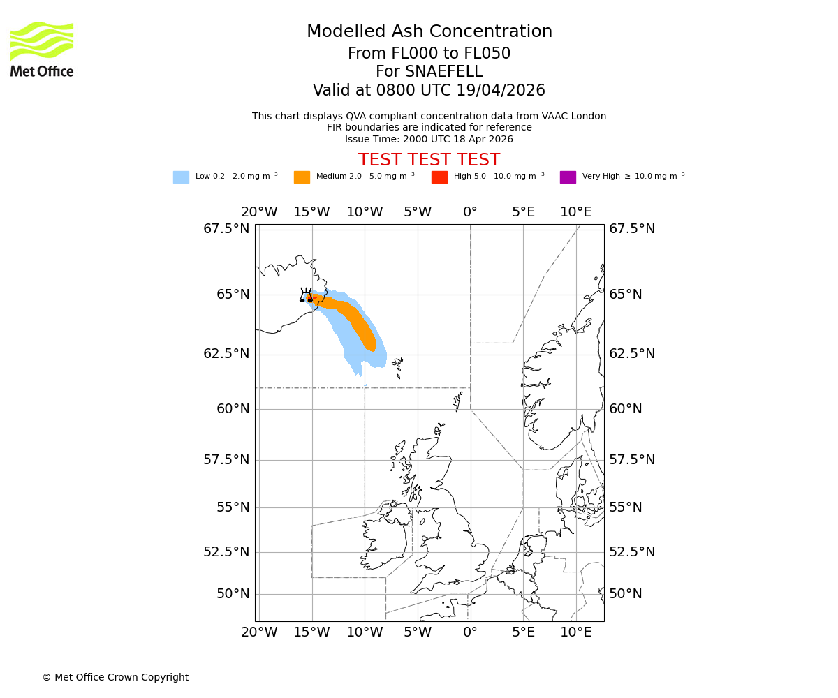 Modelled ash concentration from 000 to 050 for SNAEFELL. Valid at 0800 UTC 19/04/2026