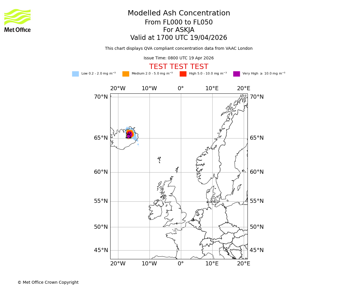 Modelled ash concentration from 000 to 050 for ASKJA. Valid at 1700 UTC 19/04/2026