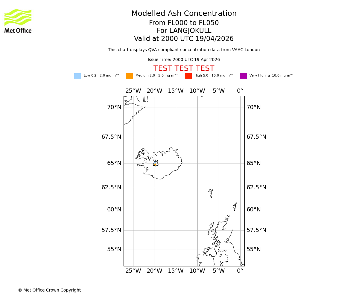 Modelled ash concentration from 000 to 050 for LANGJOKULL. Valid at 2000 UTC 19/04/2026