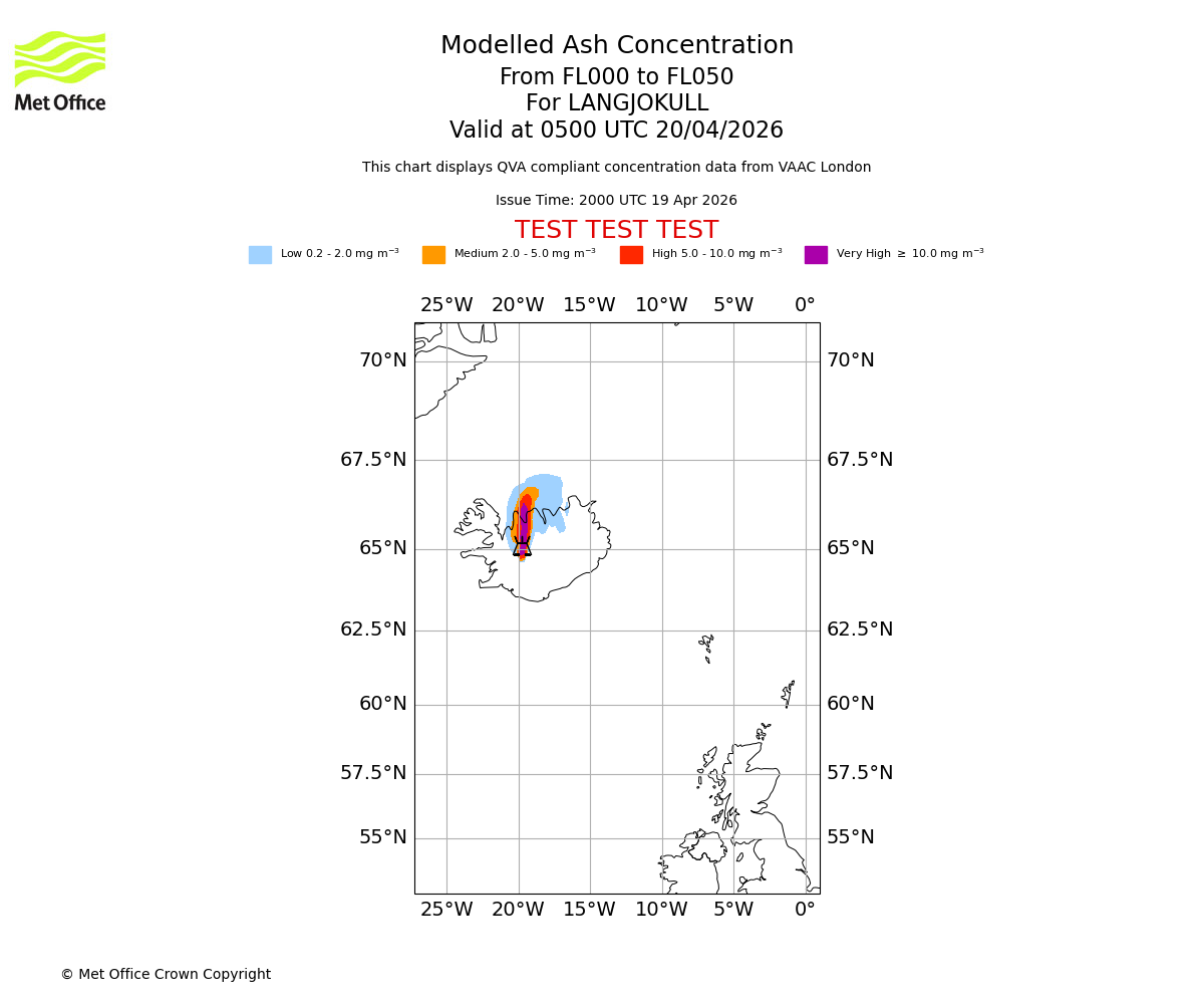 Modelled ash concentration from 000 to 050 for LANGJOKULL. Valid at 0500 UTC 20/04/2026
