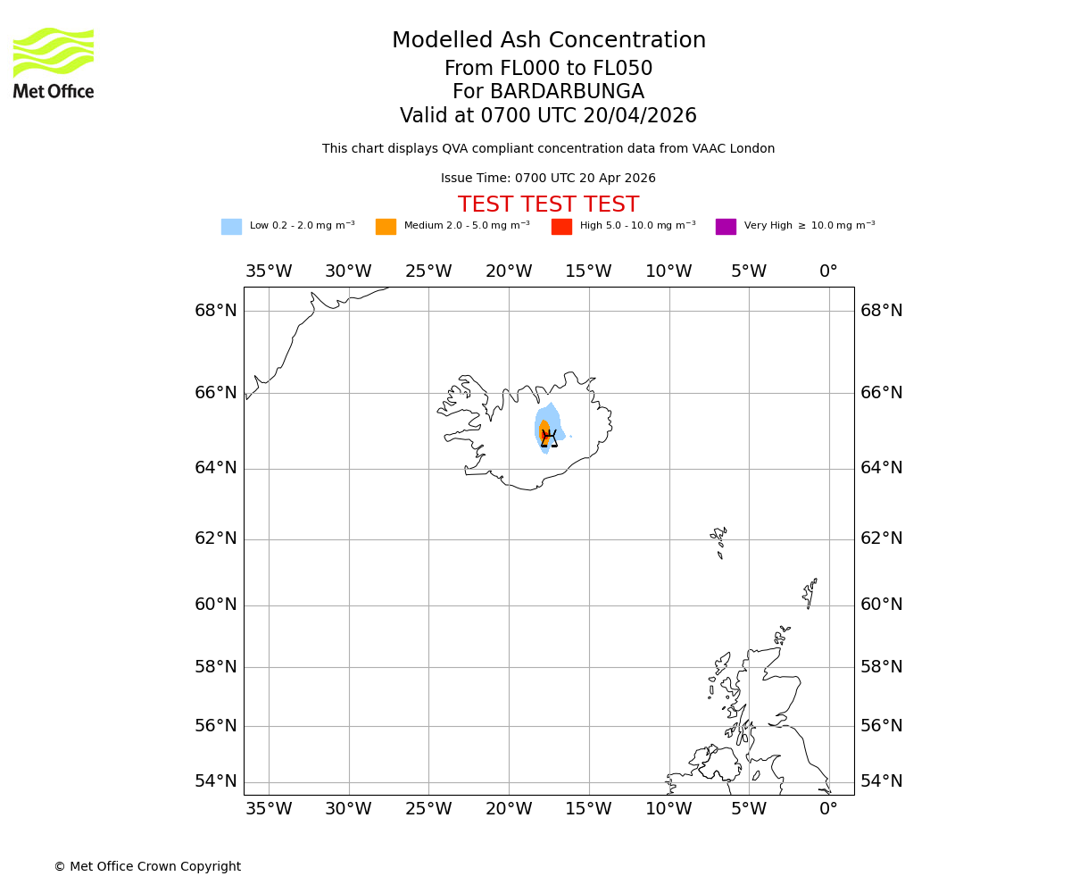 Modelled ash concentration from 000 to 050 for BARDARBUNGA. Valid at 0700 UTC 20/04/2026