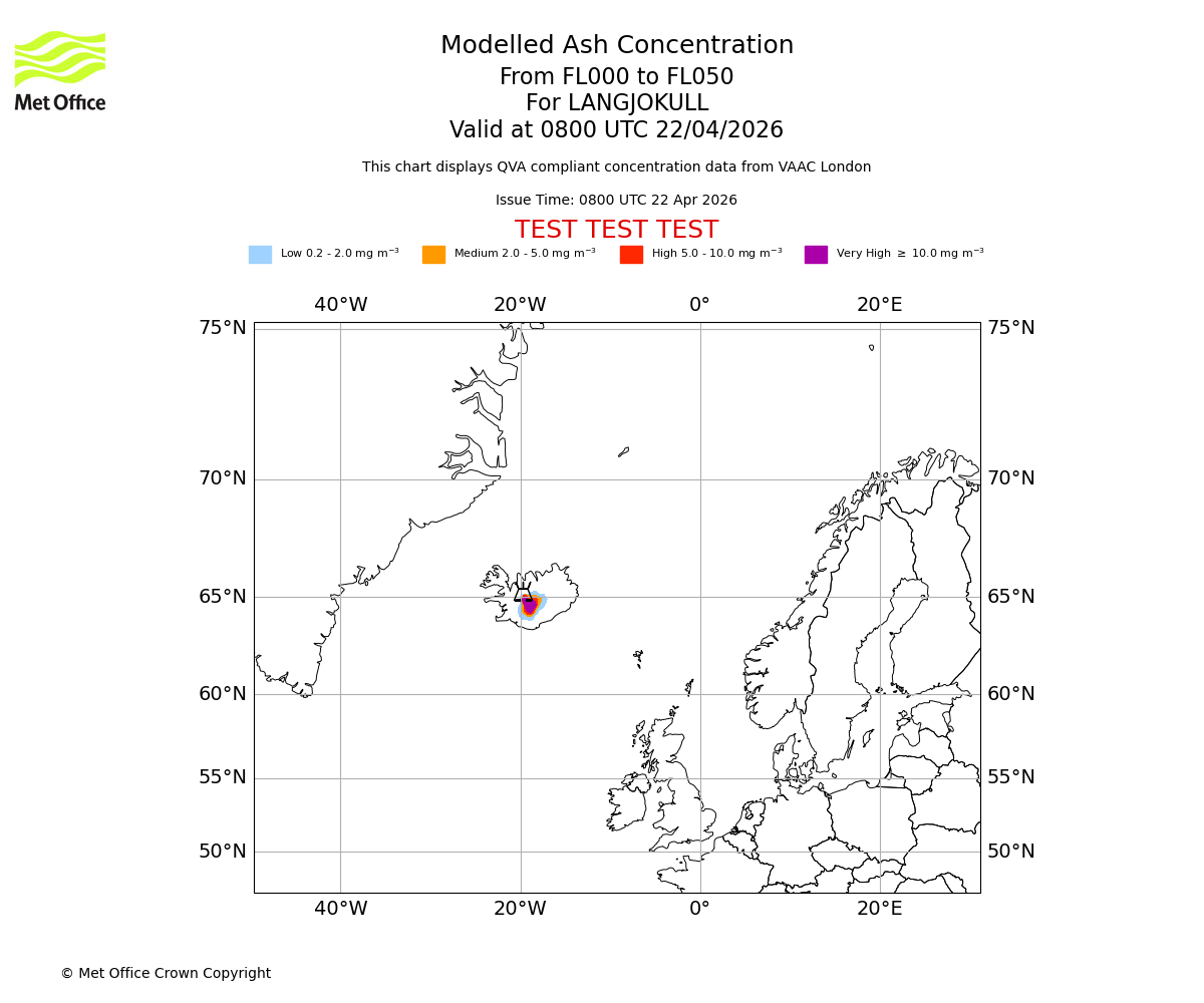 Modelled ash concentration from 000 to 050 for LANGJOKULL. Valid at 0800 UTC 22/04/2026