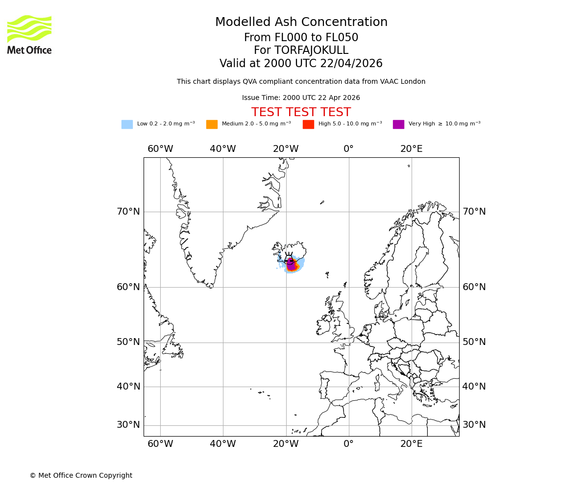 Modelled ash concentration from 000 to 050 for TORFAJOKULL. Valid at 2000 UTC 22/04/2026
