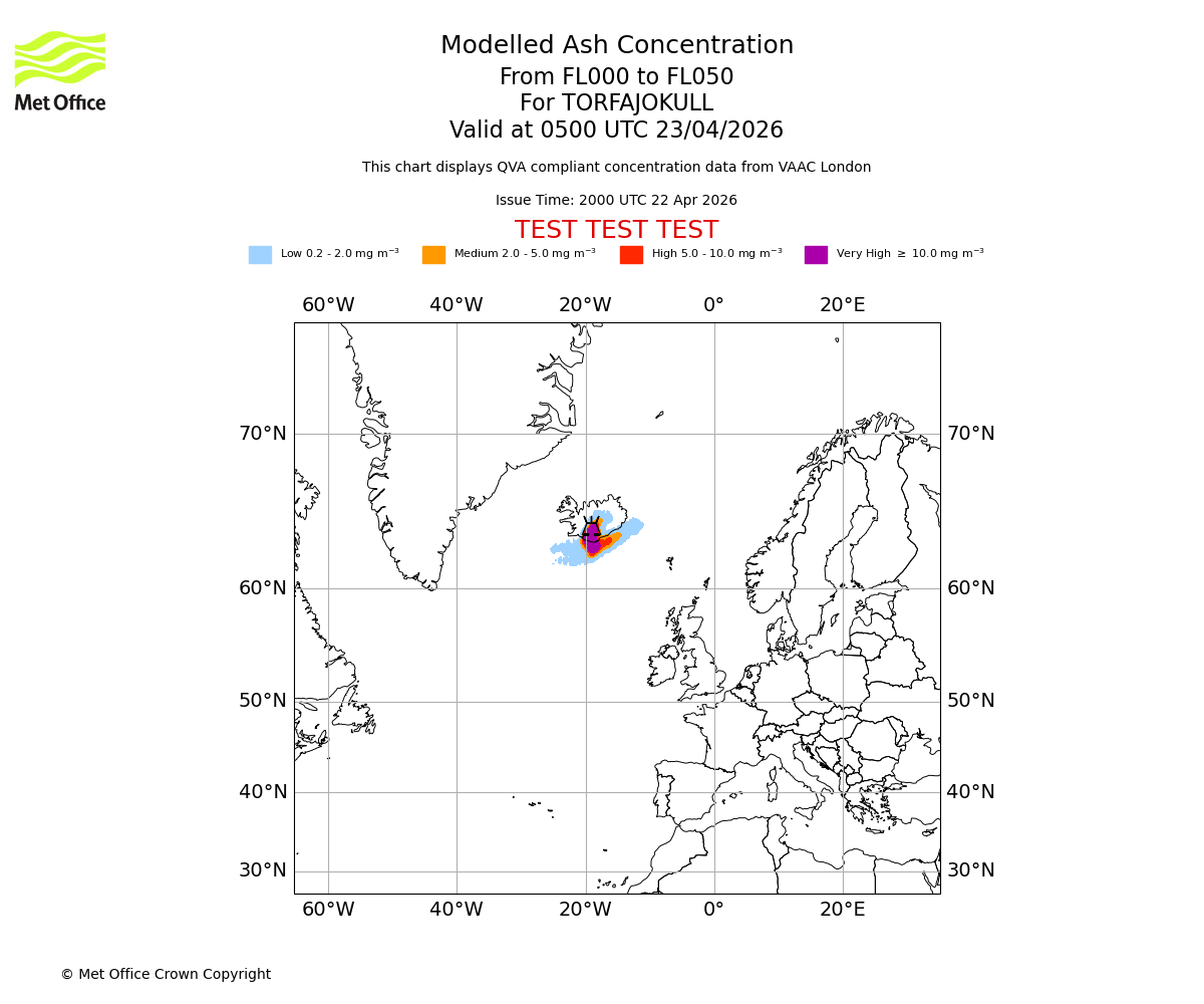 Modelled ash concentration from 000 to 050 for TORFAJOKULL. Valid at 0500 UTC 23/04/2026