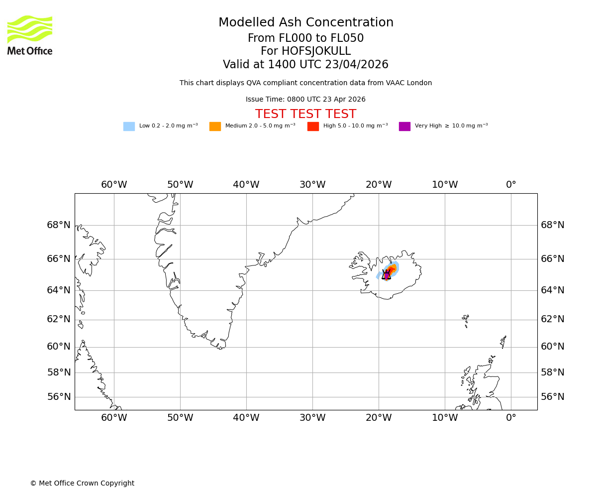 Modelled ash concentration from 000 to 050 for HOFSJOKULL. Valid at 1400 UTC 23/04/2026