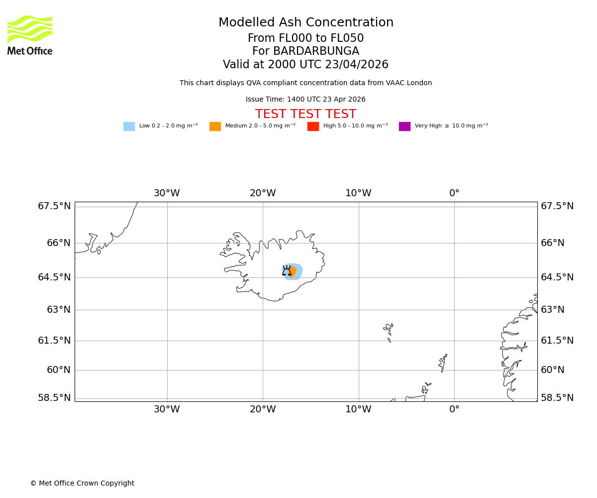 Modelled ash concentration from 000 to 050 for BARDARBUNGA. Valid at 2000 UTC 23/04/2026