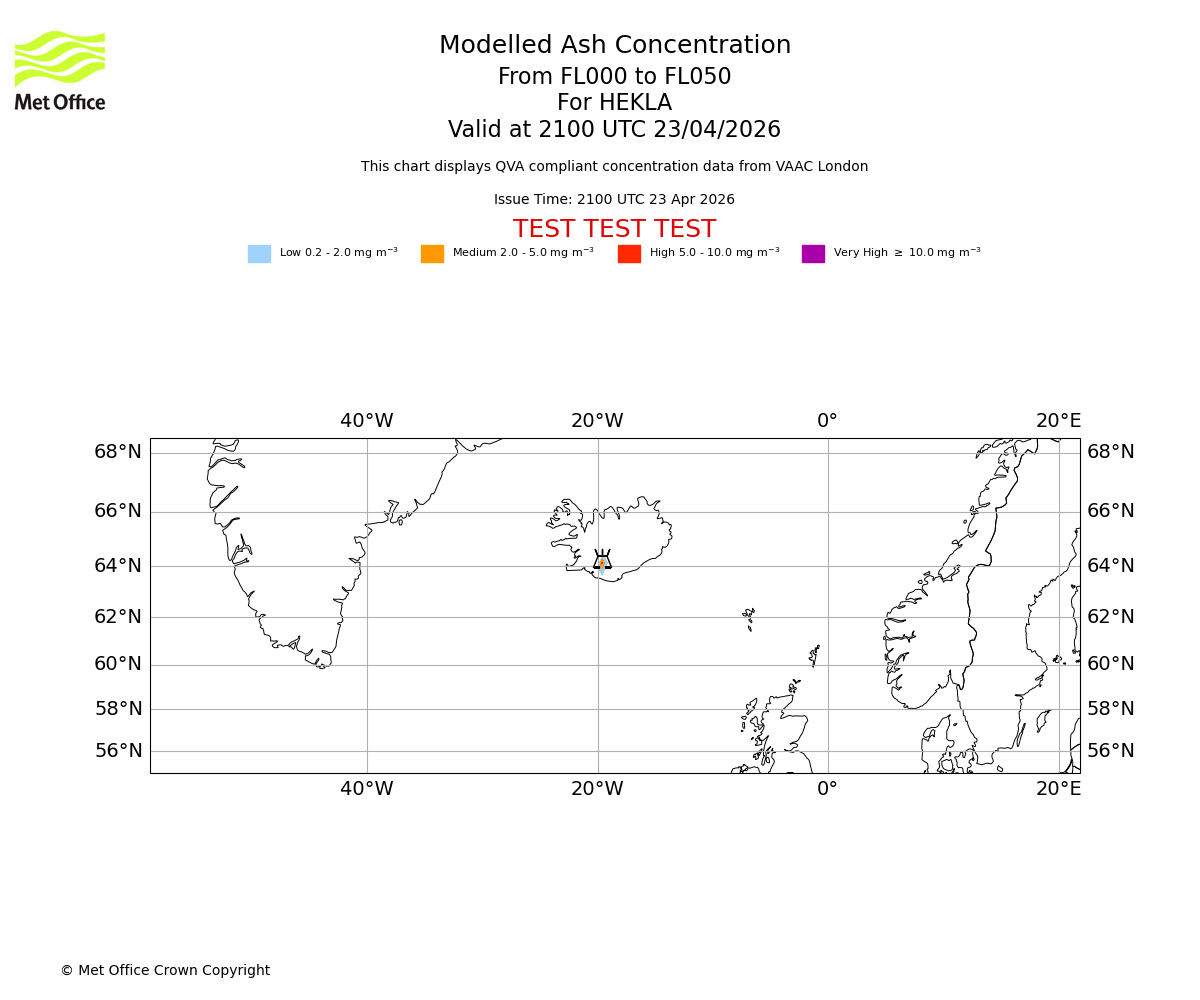 Modelled ash concentration from 000 to 050 for HEKLA. Valid at 2100 UTC 23/04/2026