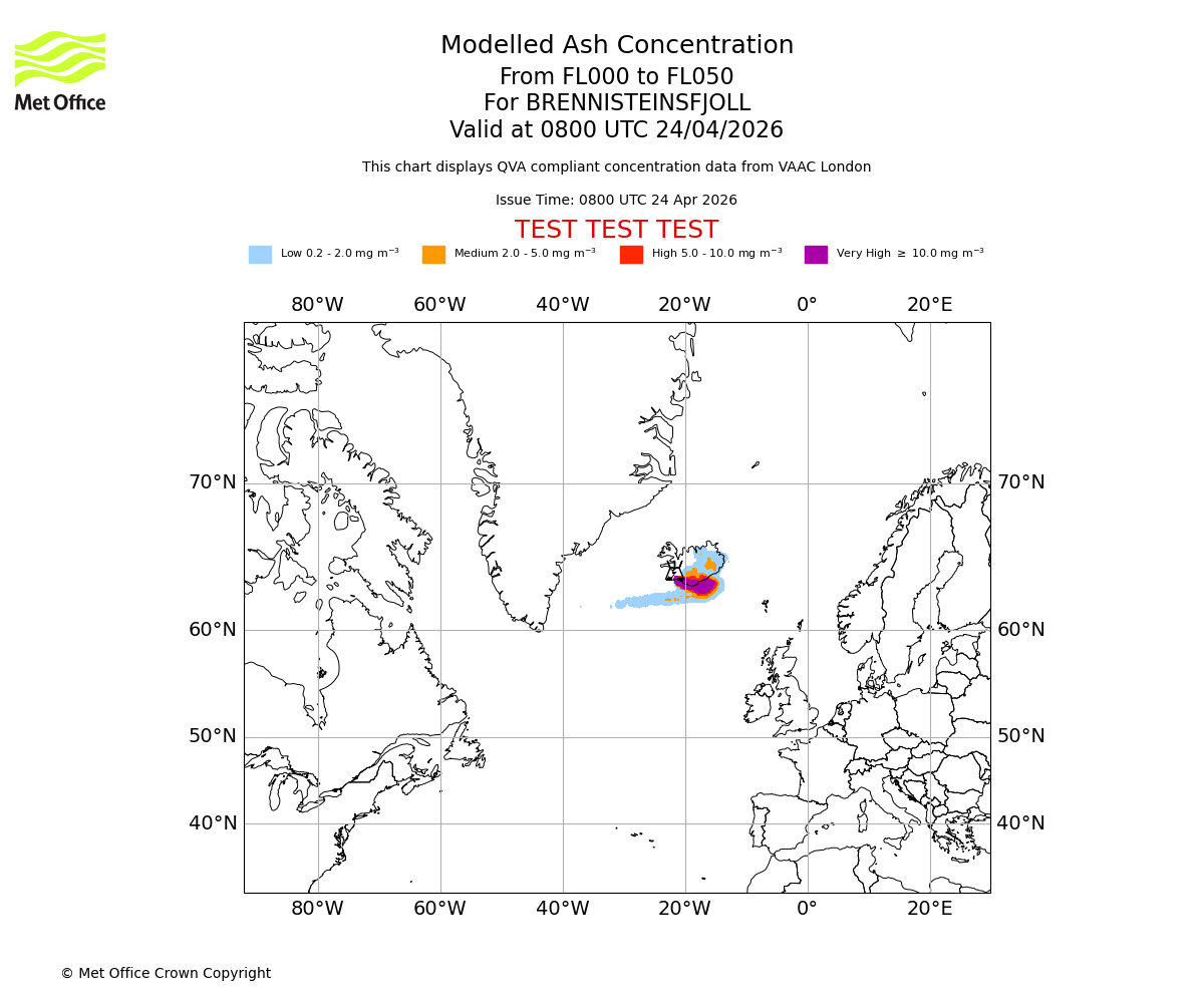 Modelled ash concentration from 000 to 050 for BRENNISTEINSFJOLL. Valid at 0800 UTC 24/04/2026