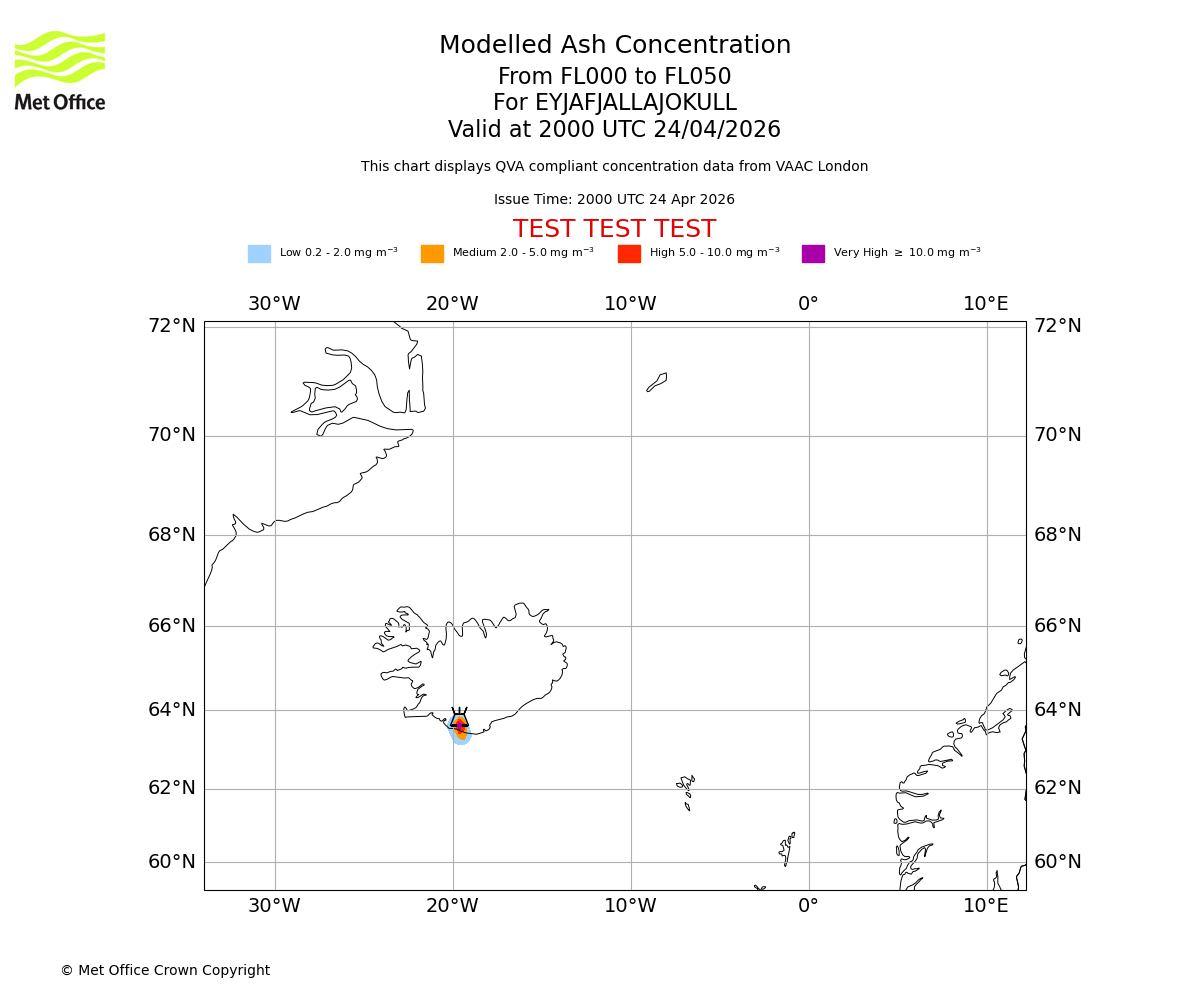Modelled ash concentration from 000 to 050 for EYJAFJALLAJOKULL. Valid at 2000 UTC 24/04/2026
