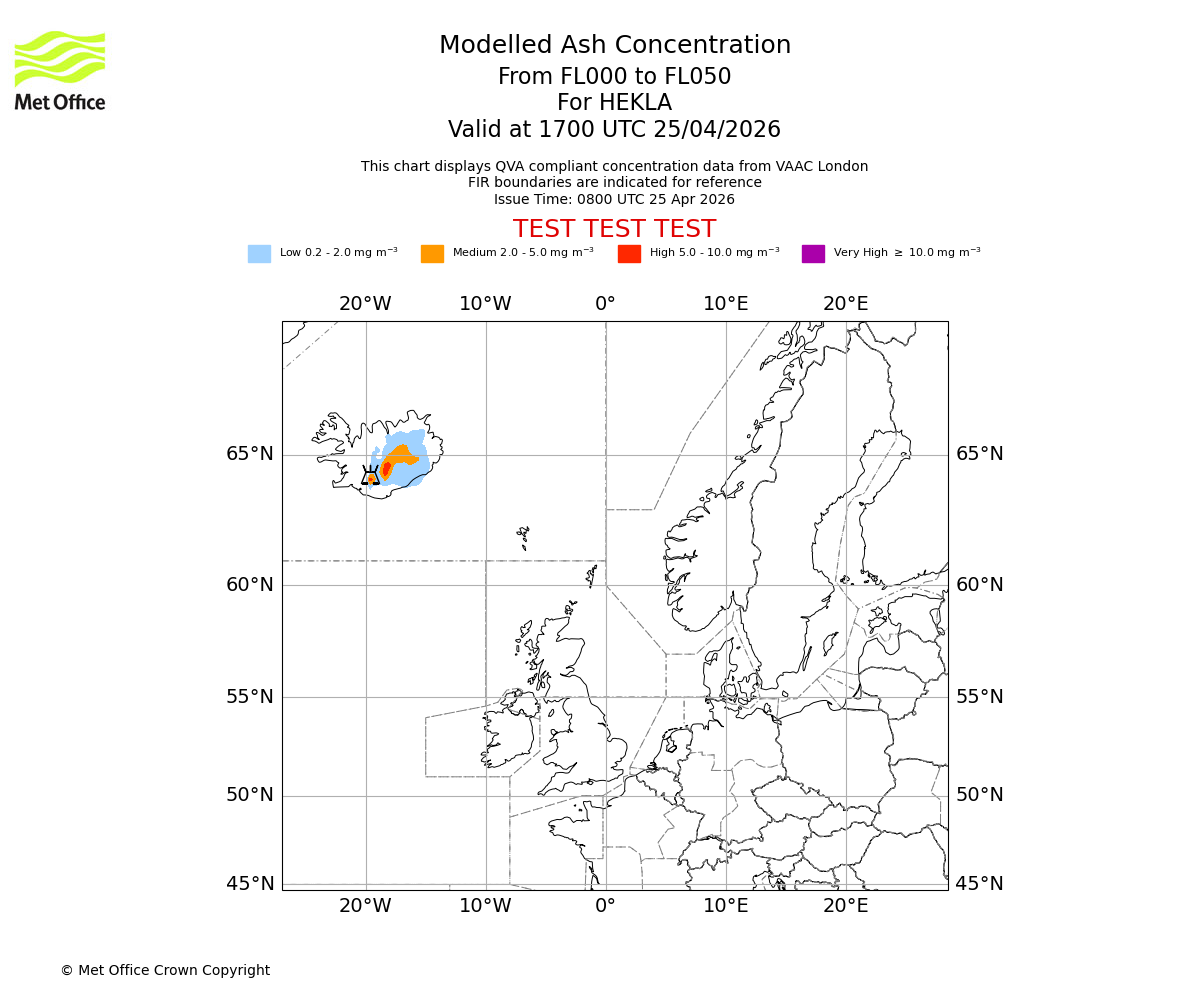 Modelled ash concentration from 000 to 050 for HEKLA. Valid at 1700 UTC 25/04/2026