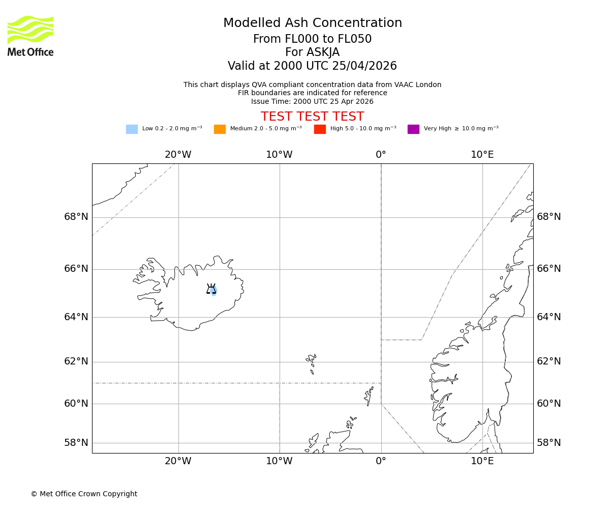 Modelled ash concentration from 000 to 050 for ASKJA. Valid at 2000 UTC 25/04/2026