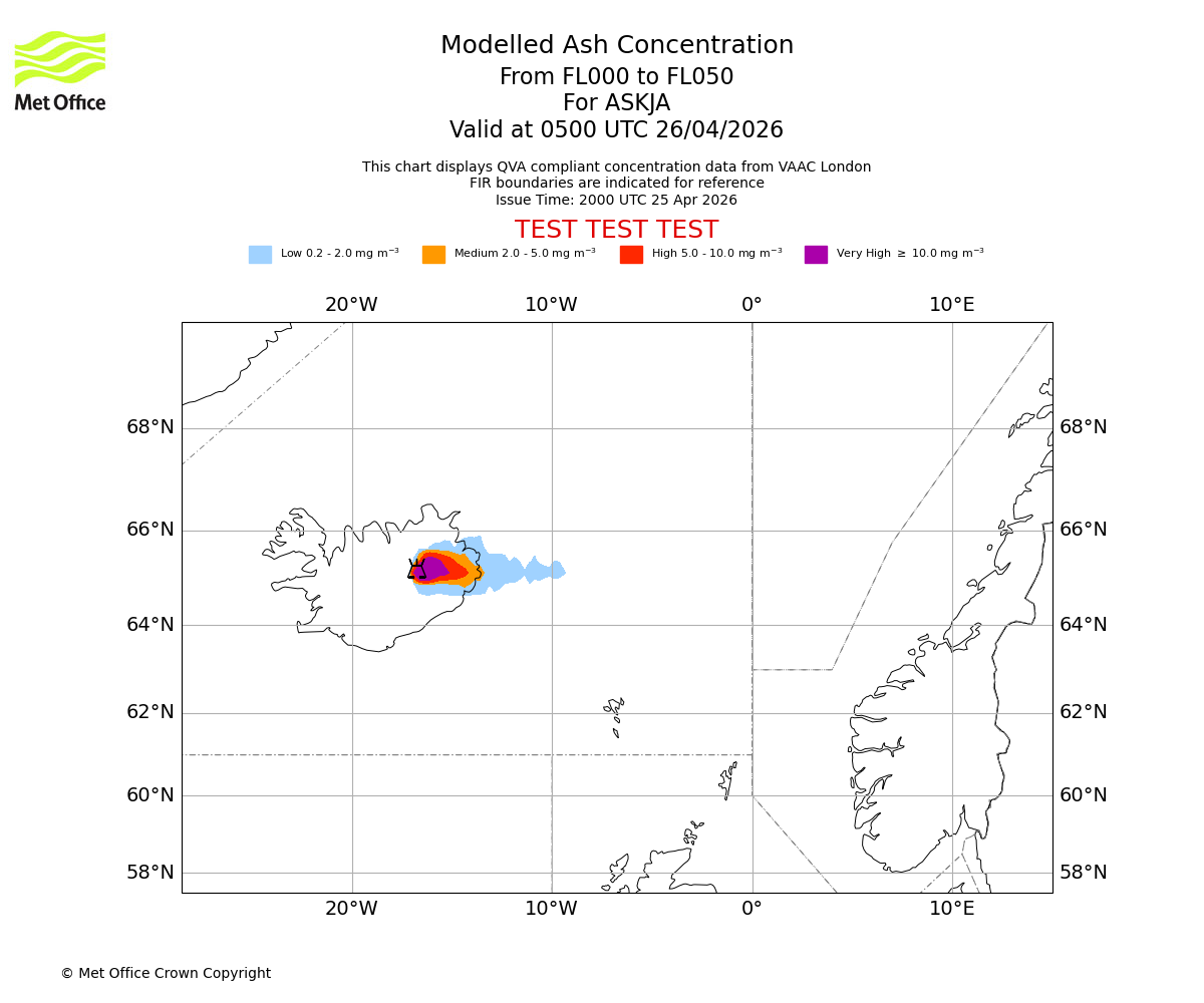 Modelled ash concentration from 000 to 050 for ASKJA. Valid at 0500 UTC 26/04/2026