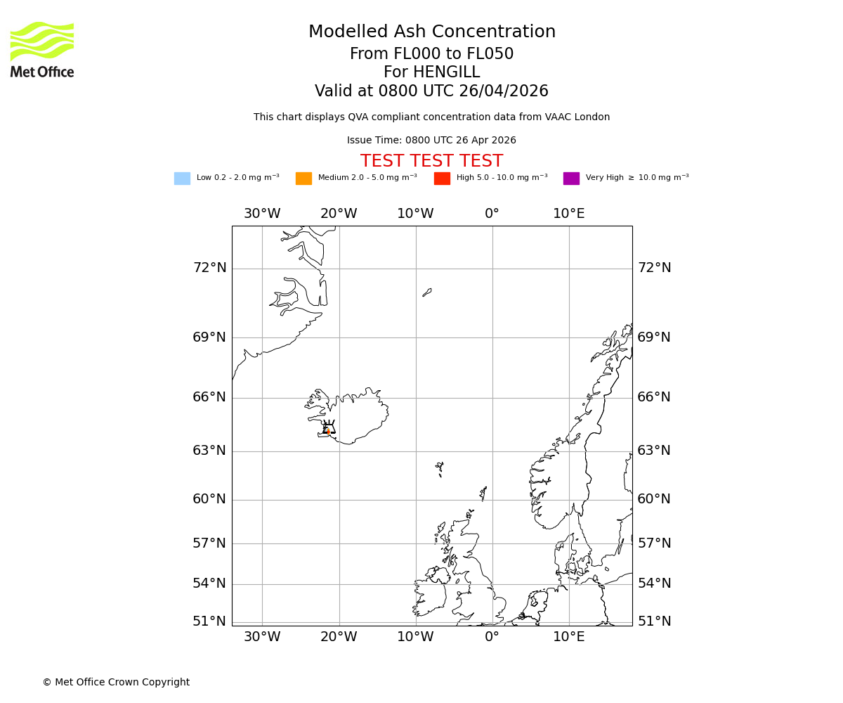 Modelled ash concentration from 000 to 050 for HENGILL. Valid at 0800 UTC 26/04/2026