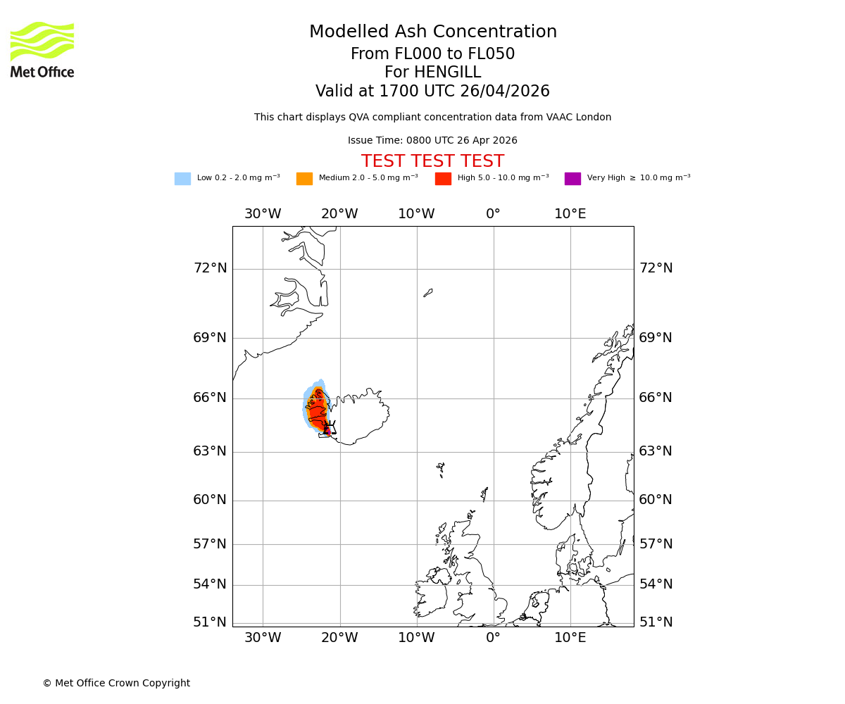 Modelled ash concentration from 000 to 050 for HENGILL. Valid at 1700 UTC 26/04/2026