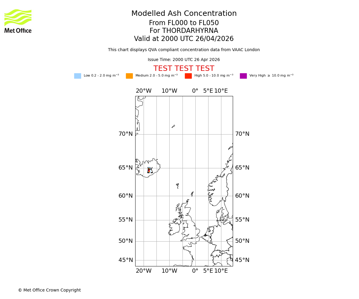 Modelled ash concentration from 000 to 050 for THORDARHYRNA. Valid at 2000 UTC 26/04/2026