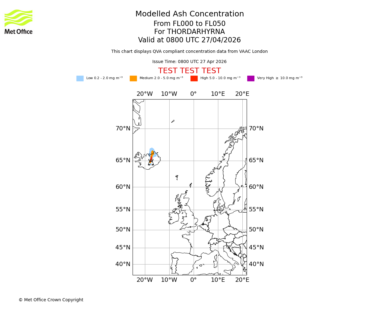 Modelled ash concentration from 000 to 050 for THORDARHYRNA. Valid at 0800 UTC 27/04/2026
