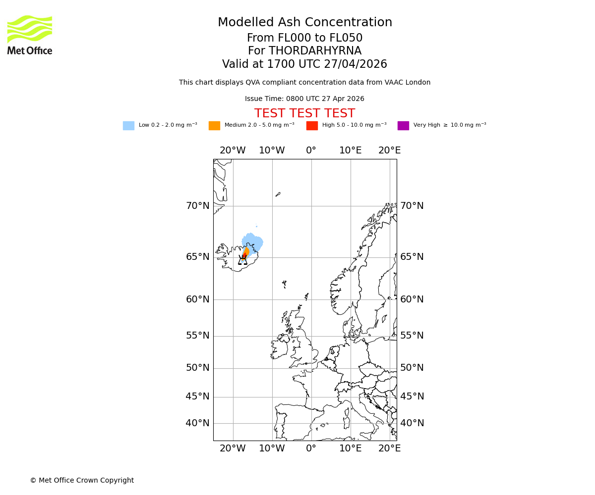 Modelled ash concentration from 000 to 050 for THORDARHYRNA. Valid at 1700 UTC 27/04/2026