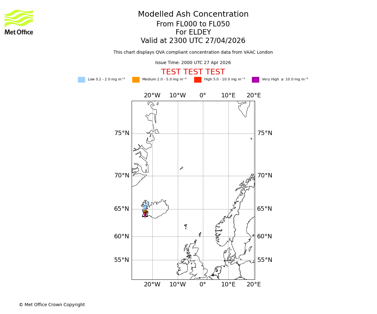 Modelled ash concentration from 000 to 050 for ELDEY. Valid at 2300 UTC 27/04/2026
