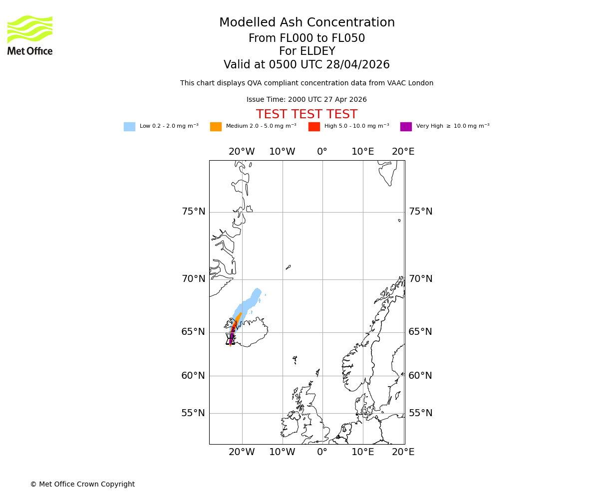 Modelled ash concentration from 000 to 050 for ELDEY. Valid at 0500 UTC 28/04/2026
