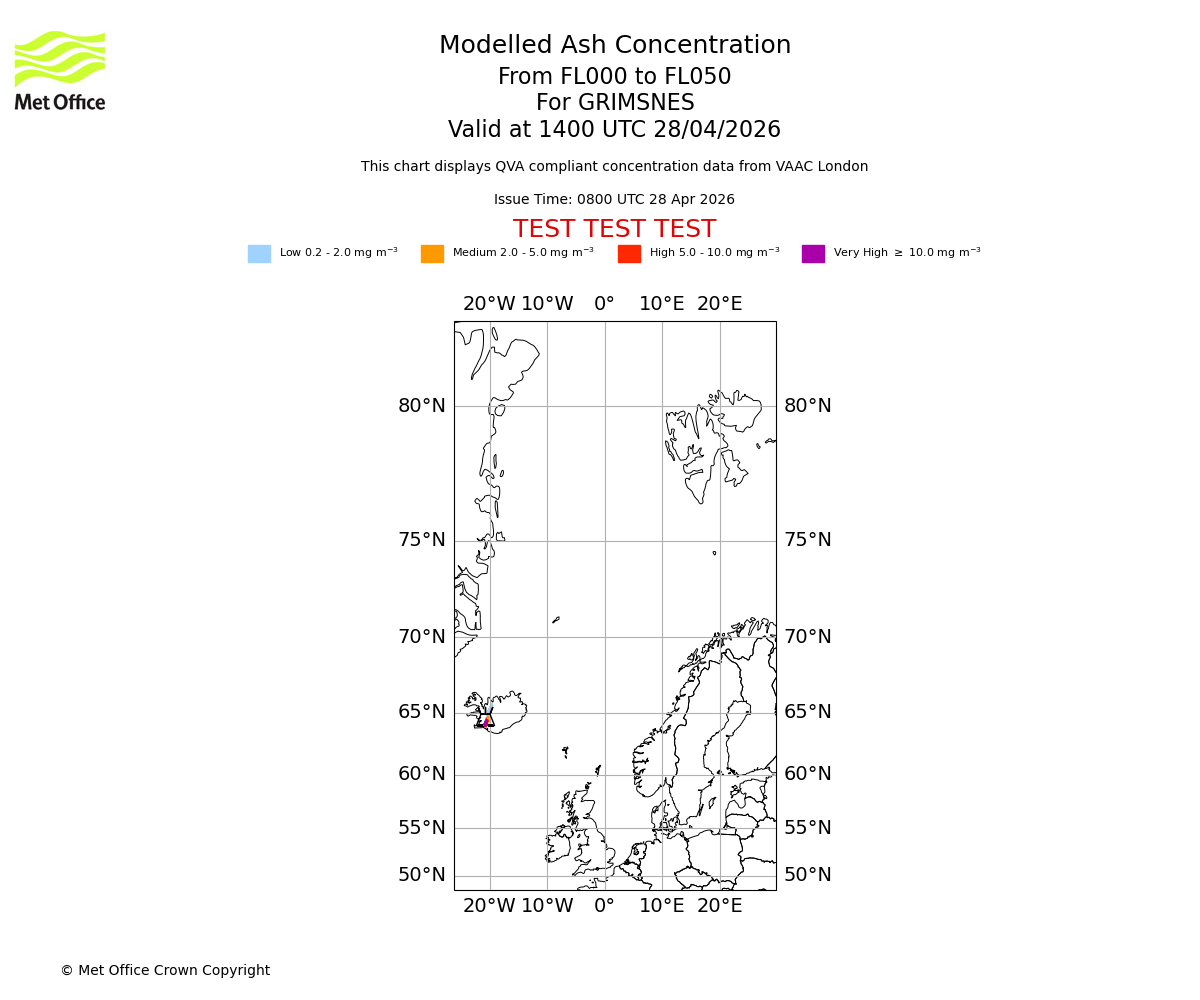 Modelled ash concentration from 000 to 050 for GRIMSNES. Valid at 1400 UTC 28/04/2026