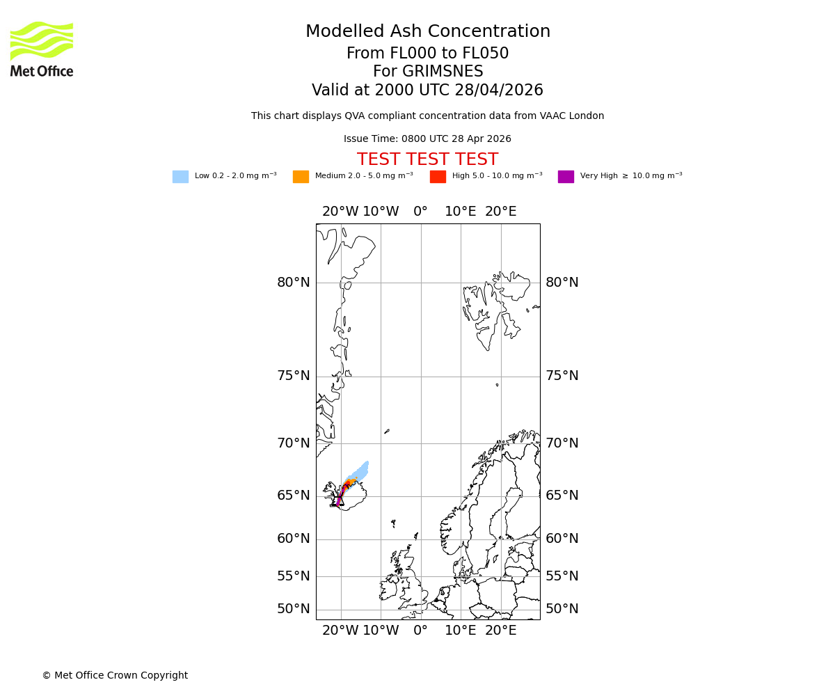 Modelled ash concentration from 000 to 050 for GRIMSNES. Valid at 2000 UTC 28/04/2026