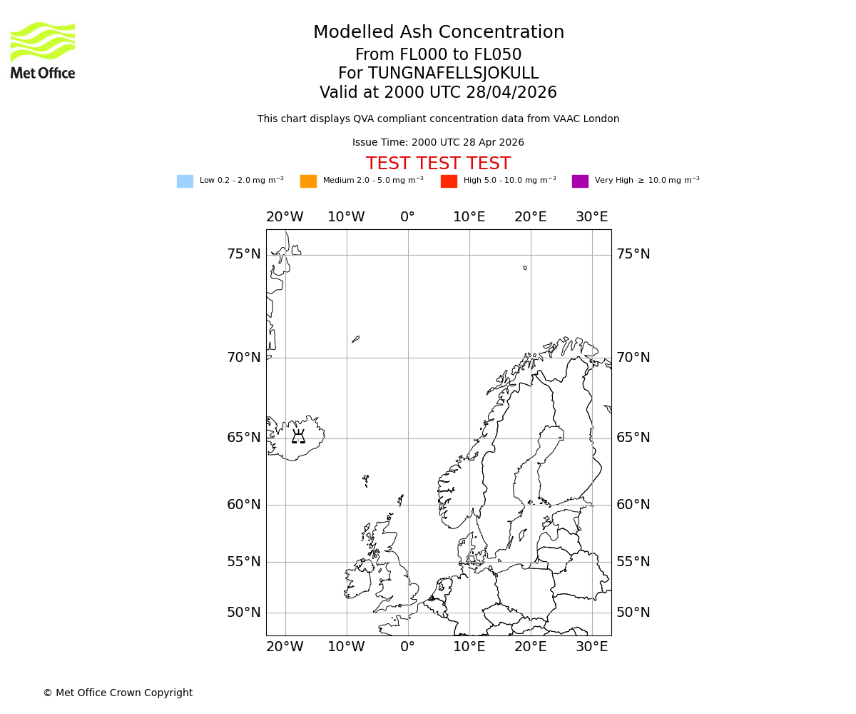 Modelled ash concentration from 000 to 050 for TUNGNAFELLSJOKULL. Valid at 2000 UTC 28/04/2026