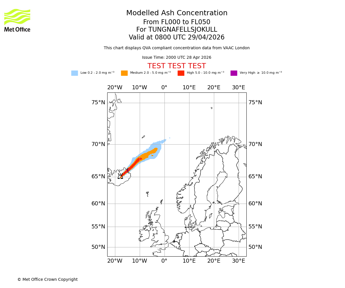 Modelled ash concentration from 000 to 050 for TUNGNAFELLSJOKULL. Valid at 0800 UTC 29/04/2026