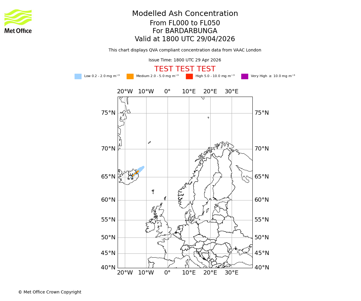 Modelled ash concentration from 000 to 050 for BARDARBUNGA. Valid at 1800 UTC 29/04/2026