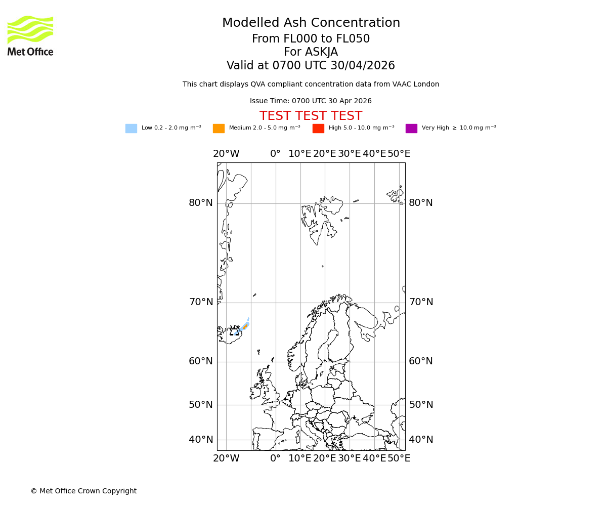Modelled ash concentration from 000 to 050 for ASKJA. Valid at 0700 UTC 30/04/2026