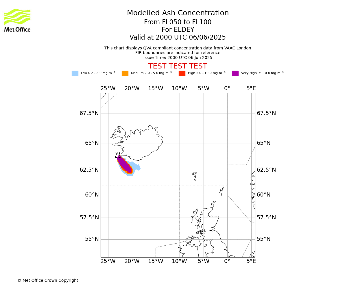 Modelled ash concentration from 050 to 100 for ELDEY. Valid at 2000 UTC 06/06/2025