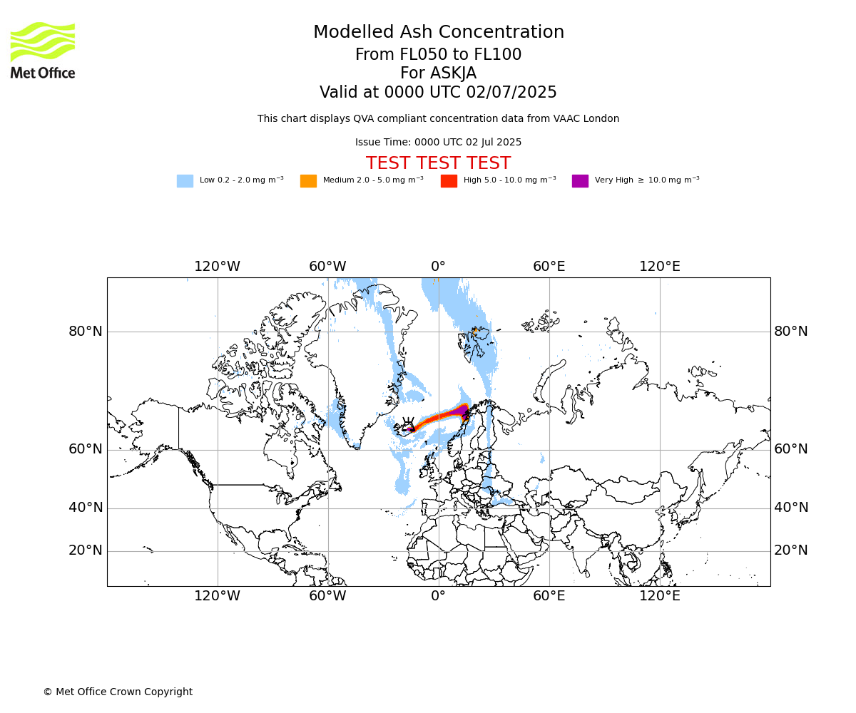 Modelled ash concentration from 050 to 100 for ASKJA. Valid at 0000 UTC 02/07/2025